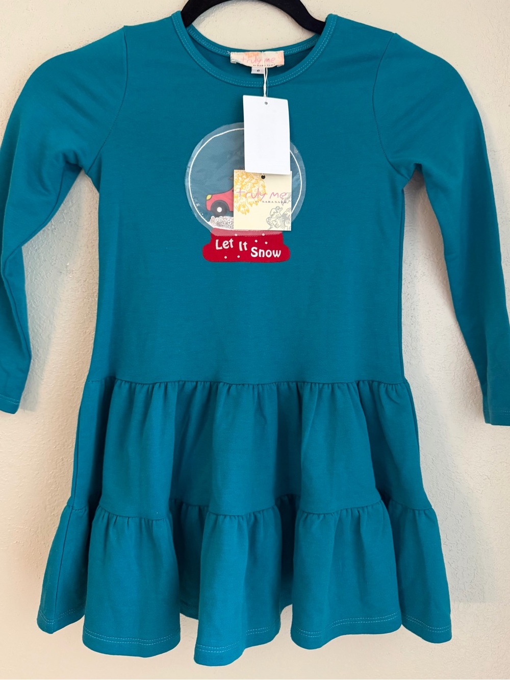 Truly Me Teal Long-Sleeve Tiered Dress with Snow Globe Graphic
